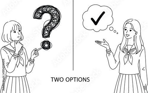 Two options concept illustration: student choosing between question mark for doubt and checkmark for approval