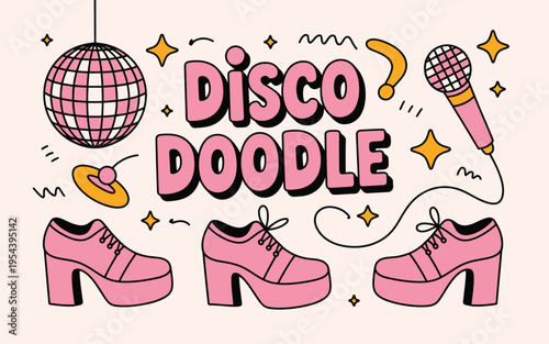 A colorful illustration of a disco-themed doodle with pink shoes and accessories
