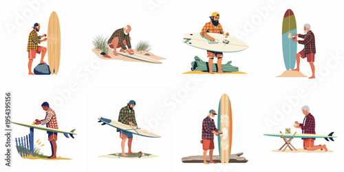Set of flat illustrations featuring men in plaid shirts waxing and maintaining their surfboards at the beach.