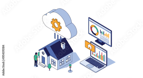 Smart home technology and real estate data analysis featuring cloud computing services and house monitoring through digital devices.