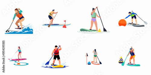 Set of flat vector illustrations depicting various people engaging in stand-up paddleboarding activities, including racing, surfing waves, and navigating around buoys on water.