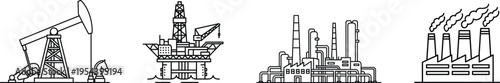 Oil Industry and Refinery Icon Set – Petroleum, Rig, Factory and Energy Production Vector Collection