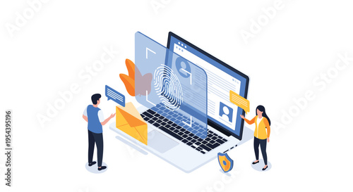 Digital data security and privacy protection concept showing biometric fingerprint scanning on a laptop with a secure network shield.