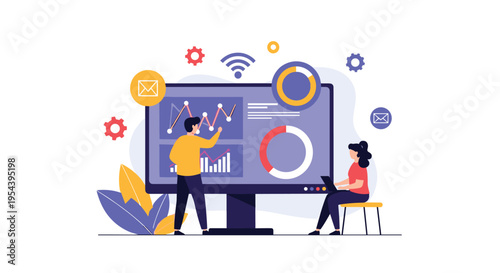 Professional team analyzing business performance charts and marketing statistics on a large high definition monitor screen in an office.