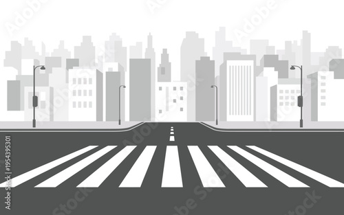 A grayscale illustration of a city street with a crosswalk and skyscrapers
