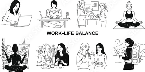 Diverse women achieving work-life balance: laptop work, yoga meditation, and professional wellness concepts
