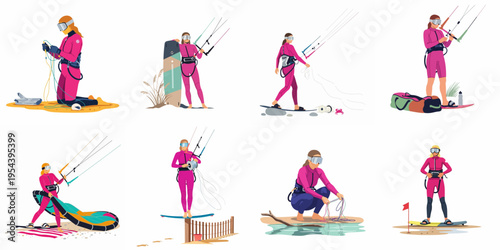Vector illustration collection of a female kiteboarder in a pink wetsuit, showcasing various stages of preparation and practice for the extreme water sport.