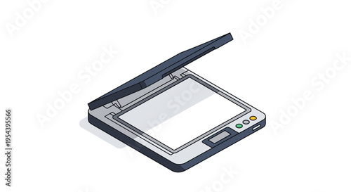 Modern office equipment showing a flatbed document scanner with open lid in an isometric perspective for digital archiving tasks.