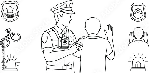 Police officer making an arrest with law enforcement and security icons