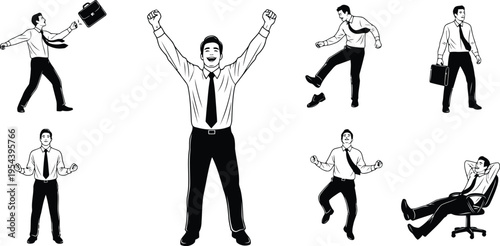 Dynamic businessmen silhouettes in various poses depicting success and action