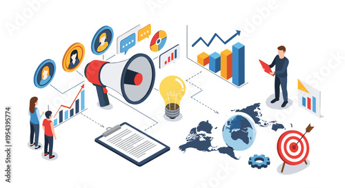 Digital marketing and brand promotion strategy featuring giant megaphone surrounded by social media icons and global target charts.