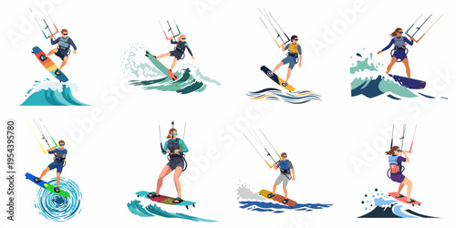 Collection of flat vector illustrations depicting male and female kiteboarders performing stunts and riding waves on the ocean water.