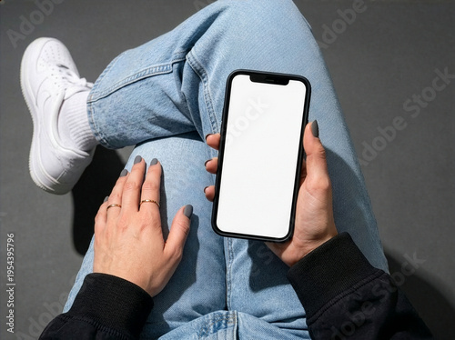 Woman Holding Blank Smartphone Mockup Over Jeans