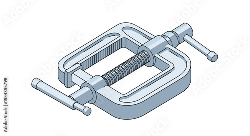 Industrial hardware and engineering tool showing a heavy duty metal C-clamp used for woodworking and construction projects.