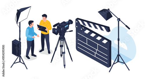 Professional video production and filmmaking set featuring camera crew with lighting equipment and large movie clapperboard.