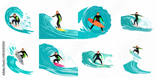 Set of flat vector illustrations depicting male and female surfers in wetsuits riding large turquoise ocean waves on colorful surfboards.