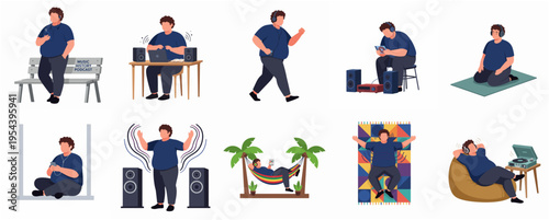 Flat Design Set of Relaxing Overweight Man Listening Music Activities Illustration