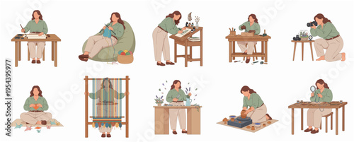 Handdrawn Cartoon Collection of Woman Doing Various Creative Craft Activities