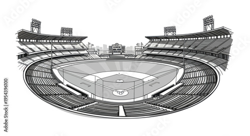 Baseball Stadium Illustration - Empty Arena with Grandstands and City Skyline