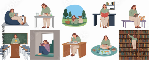 Flat Illustration Set of Overweight Woman Enjoying Reading in Various Situations