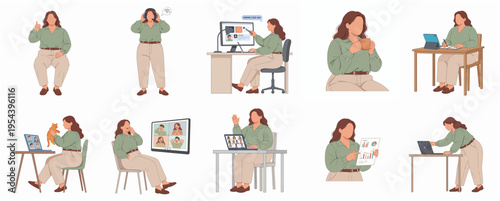 Flat Illustration of Working Woman in Various Poses and Activities Set