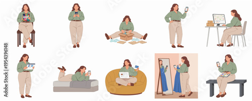 Stylized Flat Illustration of Woman in Various Poses Related to Online Business