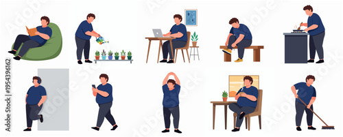 Flat Illustration of Man Doing Various Activities in Daily Life at Home