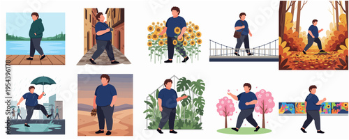 Flat Illustration Set Overweight Man Walking in Different Seasons and Places