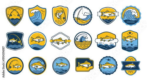 Fishing Badges Collection: Trout, Salmon, Bass and Waves Icons