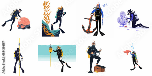 Set of flat vector illustrations featuring various scuba divers exploring the ocean, studying marine life, and finding treasures underwater.
