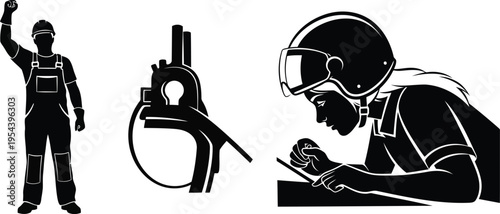 Industrial worker silhouettes and mechanical part representing construction and engineering