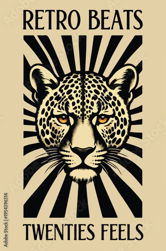 Striking vintage style graphic poster featuring a leopard head illustration against radiating sunbursts perfect for music promotion.