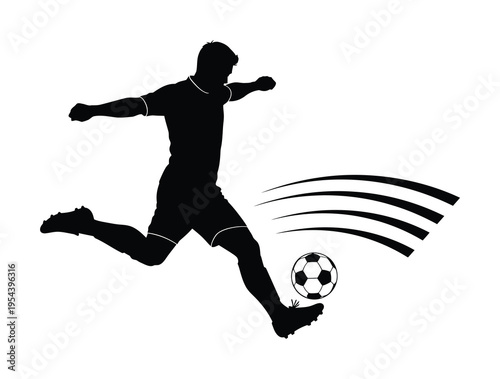 Silhouette of a soccer player in action kicking a ball in a dynamic vector