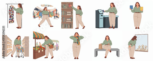 Flat Style Illustration Woman Doing Different Activities Shopping and Relaxing at Various Places