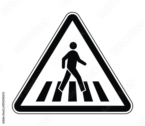 Triangular road sign with a vector graphic of a person walking on a crosswalk
