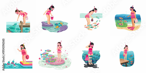 Collection of illustrations showing a young girl in a swimsuit and snorkel gear interacting with fish and coral in different marine environments.