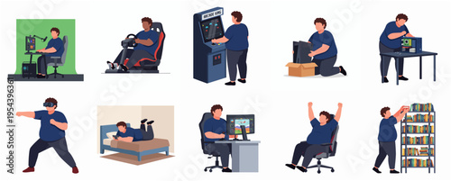 Flat Illustration Gamer Lifestyle Diverse Activities and Equipment Isolated on White