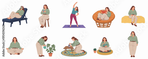 Flat Graphic Diverse Woman in Daily Life Activities Illustration Set