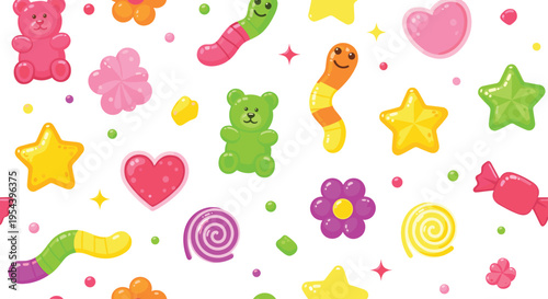 Colorful Kawaii Candy and Gummy Sweets Collection with Bears Hearts Stars Worms and Lollipops Cartoon Style for Kids Design, Stickers, and Fun Illustrations
