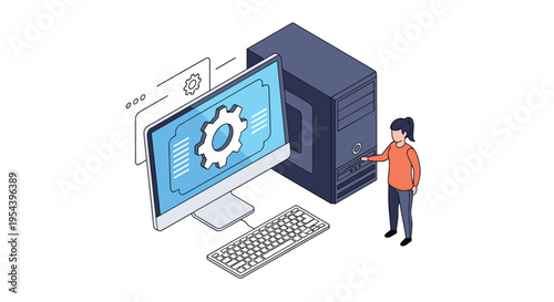 Computer system maintenance and software configuration concept showing a person and a gear on a desktop screen.