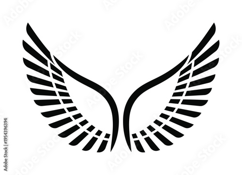 Symmetrical pair of black stylized vector wings with feathered details