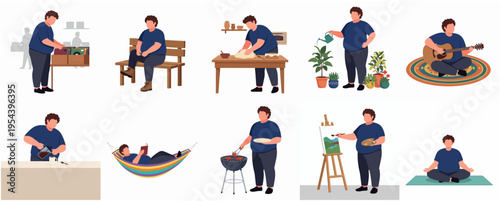 Flat Design Man Doing Activities Hobby and Relaxing at Home Illustration