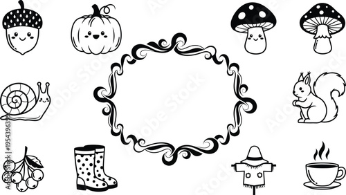 Whimsical autumn doodle icons and decorative frame, seasonal fall nature collection