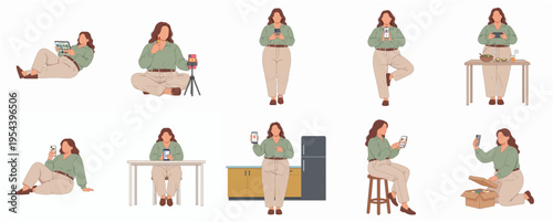 Flat Illustration Plump Woman Content Creator in Various Poses Character
