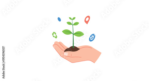 Environmental conservation and sustainability concept showing a green seedling in a hand with ecological icons.