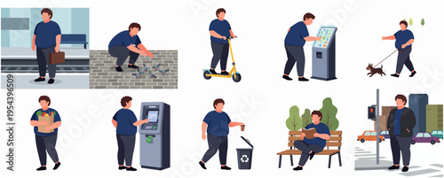 Flat Illustration Set of Overweight Man Doing Different Activities in City