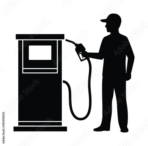 This vector shows a man refueling his vehicle at a gas station using a fuel pump.