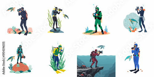Vector set of underwater photographers and scuba divers exploring the ocean, taking pictures of sea turtles and coral reefs.