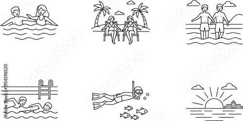 Summer vacation and beach activities collection, people swimming, snorkeling and relaxing on tropical shores