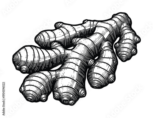 Vector of fresh ginger roots with intricate texture and shading